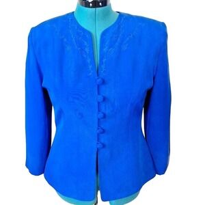 Vintage 80s/90s Blue 100% Silk Embroidered Jacket Women Size 8